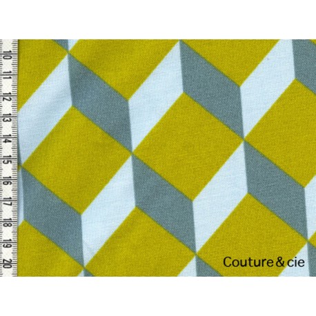 Tissu Cubik moutarde, ciel, gris bleu dans LINNAMORATA par Couture et Cie