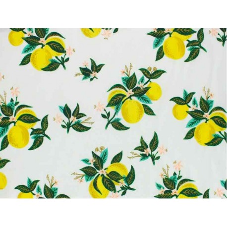 Tissu Rifle Paper Primavera Citrus Blossom Lemon metallic, x10cm dans Rifle Paper Co par Couture et Cie